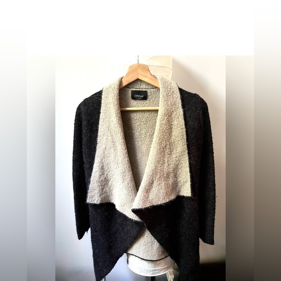 Zara Women’s Chunky Charcoal And Tan Knit Asymmetrical Drape-Front Cardigan SZ S - Picture 2 of 8